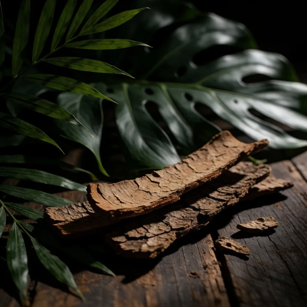 Dark botanical specimens on a wooden laboratory surface under warm directional light
