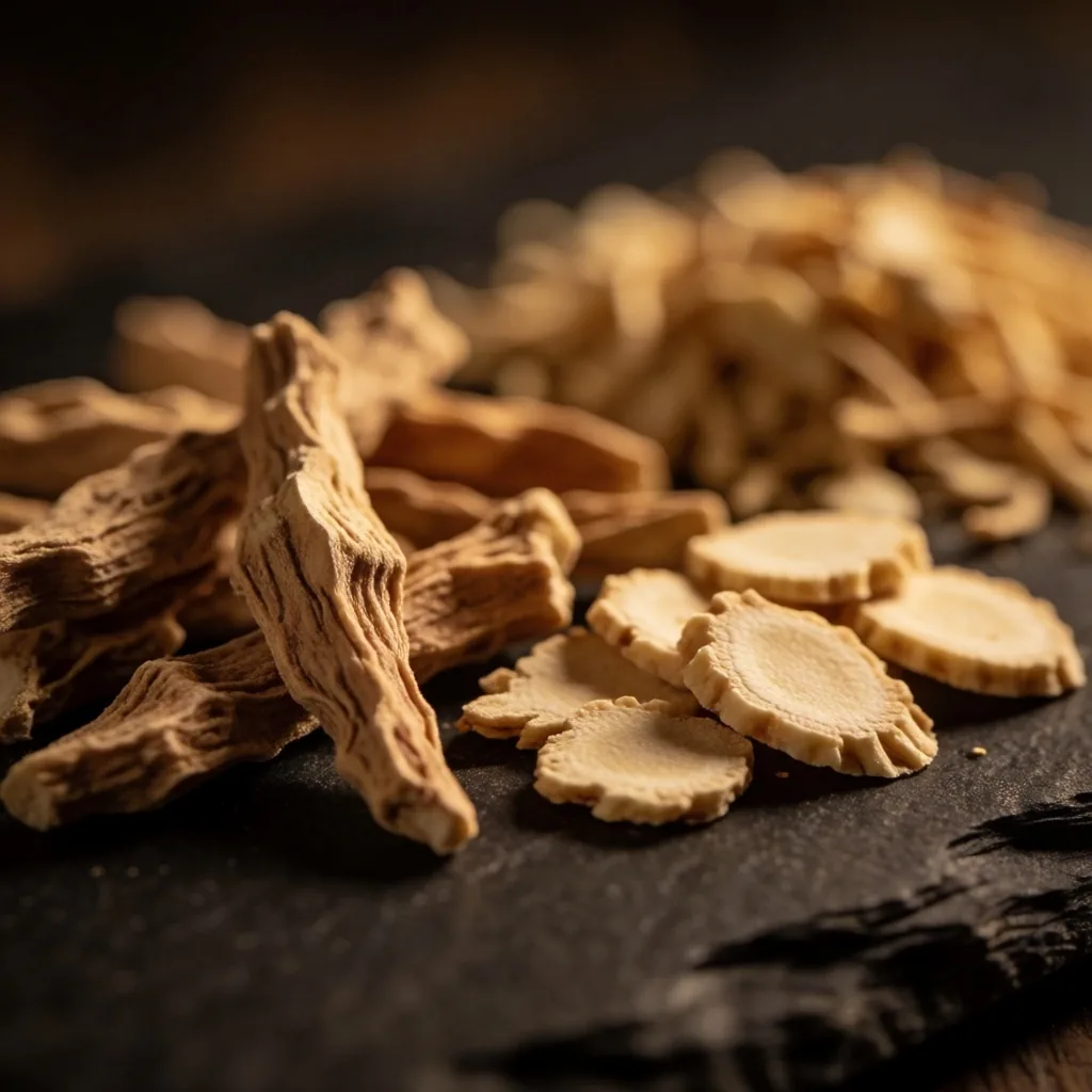 Dried ashwagandha root on slate