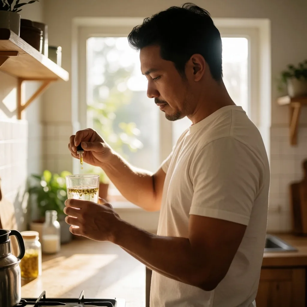 Morning wellness routine with botanical tinctures and vitamins
